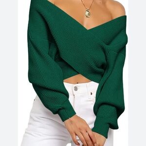 BTFBM Emerald Green Off-Shoulder Crossover Wrap Sweater Woman Large Cropped